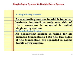 Lecturer: Mr. Sajid Ali 10
Single-Entry System Vs Double-Entry System
A. Single-Entry System
An accounting system in which for most
business transactions only one side of
the transaction is recorded is called
single entry system.
B. Double-Entry System
An accounting system in which for all
business transactions both the two sides
of the transaction are recorded is called
double entry system.
 