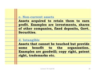 Lecturer: Mr. Sajid Ali 30
c. Non-current assets
Assets acquired to retain them to earn
profit. Examples are investments, shares
of other companies, fixed deposits, Govt.
Securities.
d. Intangible
Assets that cannot be touched but provide
some benefit to the organization.
Examples are goodwill; copy right, patent
right, trademarks etc.
 
