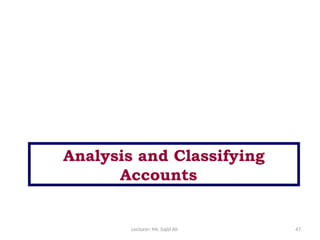 Lecturer: Mr. Sajid Ali 47
Analysis and Classifying
Accounts
 