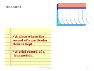 Lecturer: Mr. Sajid Ali 49
Account
A place where the
record of a particular
item is kept.
A brief record of a
transaction.
 
