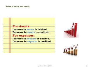 Lecturer: Mr. Sajid Ali 51
Rules of debit and credit
For Assets:
Increase in assets is debited.
Decrease in assets is credited.
For expenses:
Increase in expense is debited.
Decrease in expense is credited.
 