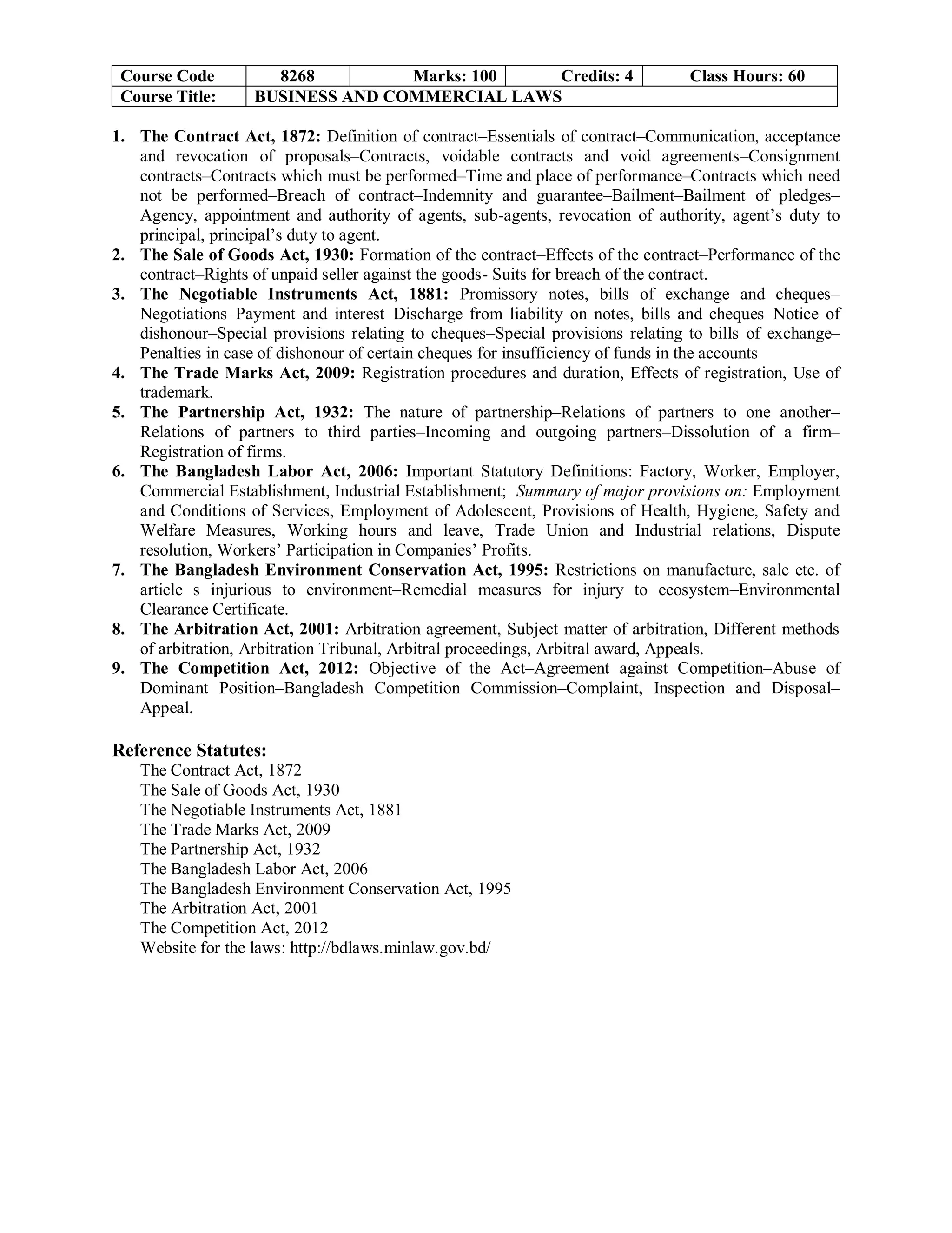 Course Code 8268 Marks: 100 Credits: 4 Class Hours: 60
Course Title: BUSINESS AND COMMERCIAL LAWS
1. The Contract Act, 1872: Definition of contract–Essentials of contract–Communication, acceptance
and revocation of proposals–Contracts, voidable contracts and void agreements–Consignment
contracts–Contracts which must be performed–Time and place of performance–Contracts which need
not be performed–Breach of contract–Indemnity and guarantee–Bailment–Bailment of pledges–
Agency, appointment and authority of agents, sub-agents, revocation of authority, agent’s duty to
principal, principal’s duty to agent.
2. The Sale of Goods Act, 1930: Formation of the contract–Effects of the contract–Performance of the
contract–Rights of unpaid seller against the goods- Suits for breach of the contract.
3. The Negotiable Instruments Act, 1881: Promissory notes, bills of exchange and cheques–
Negotiations–Payment and interest–Discharge from liability on notes, bills and cheques–Notice of
dishonour–Special provisions relating to cheques–Special provisions relating to bills of exchange–
Penalties in case of dishonour of certain cheques for insufficiency of funds in the accounts
4. The Trade Marks Act, 2009: Registration procedures and duration, Effects of registration, Use of
trademark.
5. The Partnership Act, 1932: The nature of partnership–Relations of partners to one another–
Relations of partners to third parties–Incoming and outgoing partners–Dissolution of a firm–
Registration of firms.
6. The Bangladesh Labor Act, 2006: Important Statutory Definitions: Factory, Worker, Employer,
Commercial Establishment, Industrial Establishment; Summary of major provisions on: Employment
and Conditions of Services, Employment of Adolescent, Provisions of Health, Hygiene, Safety and
Welfare Measures, Working hours and leave, Trade Union and Industrial relations, Dispute
resolution, Workers’ Participation in Companies’ Profits.
7. The Bangladesh Environment Conservation Act, 1995: Restrictions on manufacture, sale etc. of
article s injurious to environment–Remedial measures for injury to ecosystem–Environmental
Clearance Certificate.
8. The Arbitration Act, 2001: Arbitration agreement, Subject matter of arbitration, Different methods
of arbitration, Arbitration Tribunal, Arbitral proceedings, Arbitral award, Appeals.
9. The Competition Act, 2012: Objective of the Act–Agreement against Competition–Abuse of
Dominant Position–Bangladesh Competition Commission–Complaint, Inspection and Disposal–
Appeal.
Reference Statutes:
The Contract Act, 1872
The Sale of Goods Act, 1930
The Negotiable Instruments Act, 1881
The Trade Marks Act, 2009
The Partnership Act, 1932
The Bangladesh Labor Act, 2006
The Bangladesh Environment Conservation Act, 1995
The Arbitration Act, 2001
The Competition Act, 2012
Website for the laws: http://bdlaws.minlaw.gov.bd/
 