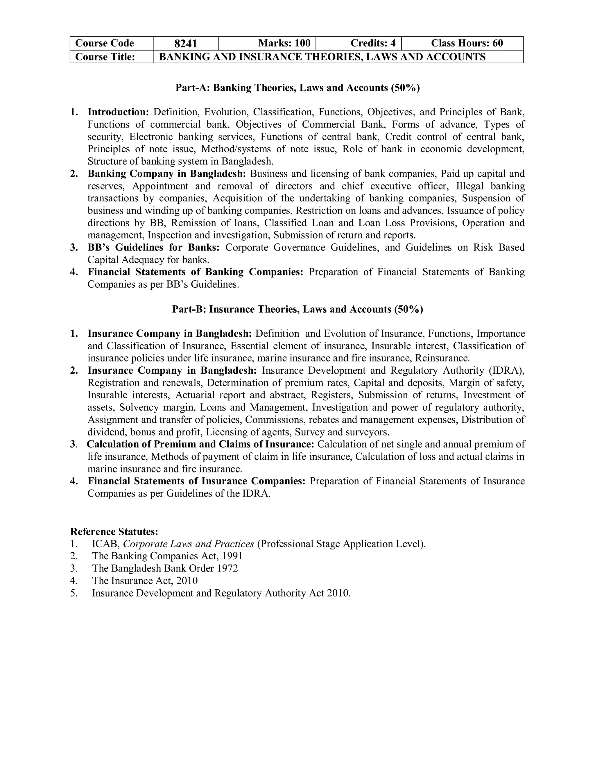Course Code 8241 Marks: 100 Credits: 4 Class Hours: 60
Course Title: BANKING AND INSURANCE THEORIES, LAWS AND ACCOUNTS
Part-A: Banking Theories, Laws and Accounts (50%)
1. Introduction: Definition, Evolution, Classification, Functions, Objectives, and Principles of Bank,
Functions of commercial bank, Objectives of Commercial Bank, Forms of advance, Types of
security, Electronic banking services, Functions of central bank, Credit control of central bank,
Principles of note issue, Method/systems of note issue, Role of bank in economic development,
Structure of banking system in Bangladesh.
2. Banking Company in Bangladesh: Business and licensing of bank companies, Paid up capital and
reserves, Appointment and removal of directors and chief executive officer, Illegal banking
transactions by companies, Acquisition of the undertaking of banking companies, Suspension of
business and winding up of banking companies, Restriction on loans and advances, Issuance of policy
directions by BB, Remission of loans, Classified Loan and Loan Loss Provisions, Operation and
management, Inspection and investigation, Submission of return and reports.
3. BB’s Guidelines for Banks: Corporate Governance Guidelines, and Guidelines on Risk Based
Capital Adequacy for banks.
4. Financial Statements of Banking Companies: Preparation of Financial Statements of Banking
Companies as per BB’s Guidelines.
Part-B: Insurance Theories, Laws and Accounts (50%)
1. Insurance Company in Bangladesh: Definition and Evolution of Insurance, Functions, Importance
and Classification of Insurance, Essential element of insurance, Insurable interest, Classification of
insurance policies under life insurance, marine insurance and fire insurance, Reinsurance.
2. Insurance Company in Bangladesh: Insurance Development and Regulatory Authority (IDRA),
Registration and renewals, Determination of premium rates, Capital and deposits, Margin of safety,
Insurable interests, Actuarial report and abstract, Registers, Submission of returns, Investment of
assets, Solvency margin, Loans and Management, Investigation and power of regulatory authority,
Assignment and transfer of policies, Commissions, rebates and management expenses, Distribution of
dividend, bonus and profit, Licensing of agents, Survey and surveyors.
3. Calculation of Premium and Claims of Insurance: Calculation of net single and annual premium of
life insurance, Methods of payment of claim in life insurance, Calculation of loss and actual claims in
marine insurance and fire insurance.
4. Financial Statements of Insurance Companies: Preparation of Financial Statements of Insurance
Companies as per Guidelines of the IDRA.
Reference Statutes:
1. ICAB, Corporate Laws and Practices (Professional Stage Application Level).
2. The Banking Companies Act, 1991
3. The Bangladesh Bank Order 1972
4. The Insurance Act, 2010
5. Insurance Development and Regulatory Authority Act 2010.
 