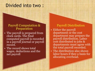 Divided into two :
Payroll Computation &
Preparation
• The payroll is prepared from
clock cards. The final
computed payroll is recorded
in a payroll journal or payroll
record.
• The record shows total
wages, deductions and the
net payroll
Payroll Distribution
• Either the payroll
department or the cost
department may prepare the
payroll distribution. Labor
cost distributed to jobs &
departments must agree with
the total payroll recorded.
• The distribution also shows
labor hours if they a basis for
allocating overhead.
 