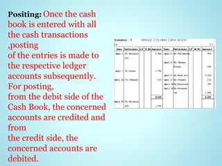 Positing: Once the cash
book is entered with all
the cash transactions
,posting
of the entries is made to
the respective ledger
accounts subsequently.
For posting,
from the debit side of the
Cash Book, the concerned
accounts are credited and
from
the credit side, the
concerned accounts are
debited.
 