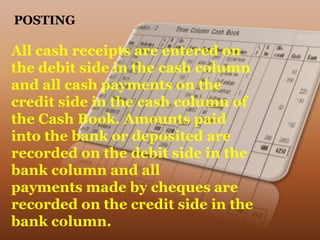 POSTING
All cash receipts are entered on
the debit side in the cash column
and all cash payments on the
credit side in the cash column of
the Cash Book. Amounts paid
into the bank or deposited are
recorded on the debit side in the
bank column and all
payments made by cheques are
recorded on the credit side in the
bank column.
 