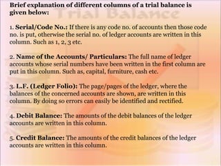 Brief explanation of different columns of a trial balance is
given below:
1. Serial/Code No.: If there is any code no. of accounts then those code
no. is put, otherwise the serial no. of ledger accounts are written in this
column. Such as 1, 2, 3 etc.
2. Name of the Accounts/ Particulars: The full name of ledger
accounts whose serial numbers have been written in the first column are
put in this column. Such as, capital, furniture, cash etc.
3. L.F. (Ledger Folio): The page/pages of the ledger, where the
balances of the concerned accounts are shown, are written in this
column. By doing so errors can easily be identified and rectified.
4. Debit Balance: The amounts of the debit balances of the ledger
accounts are written in this column.
5. Credit Balance: The amounts of the credit balances of the ledger
accounts are written in this column.
 