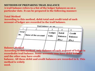 METHODS OF PREPARING TRAIL BALANCE
A trail balance refers to a list of the ledger balances as on a
particular date. It can be prepared in the following manner:
Total Method
According to this method, debit total and credit total of each
account of ledger are recorded in the trail balance.
Balance Method
According to this method, only balance of each account of ledger is
recordedin trail balance. Some accounts may have debit balance
and the other may have credit
balance. All these debit and credit balances are recorded in it. This
method is widely
used.
 