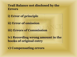 Trail Balance not disclosed by the
Errors
i) Error of principle
ii) Error of omission
iii) Errors of Commission
iv) Recording wrong amount in the
books of original entry
v) Compensating errors
 