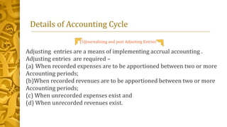 Details of Accounting Cycle
(5)Journalising and post Adjusting Entries
Adjusting entries are a means of implementing accrual accounting .
Adjusting entries are required –
(a) When recorded expenses are to be apportioned between two or more
Accounting periods;
(b)When recorded revenues are to be apportioned between two or more
Accounting periods;
(c) When unrecorded expenses exist and
(d) When unrecorded revenues exist.
 