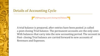 Details of Accounting Cycle
(9)Preparing a post-closing trial Balance
A trial balance is prepared, after entries have been posted ,is called
a post-closing Trial balance. The permanent accounts are the only ones
With balances that carry into the new accounting period. The account in
Post- closing Trial balance are carried forward to new accounts of
Revenues and Expenses.
 