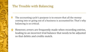 The Trouble with Balancing
The accounting cycle’s purpose is to ensure that all the money
coming into or going out of a business is accounted for. That’s why
balancing is so critical.
However, errors are frequently made when recording entries,
leading to an incorrect trial balance that needs to be adjusted
so that debits and credits match.
 