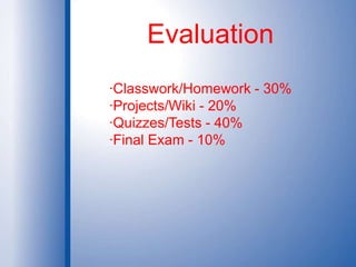 Evaluation·Classwork/Homework - 30%·Projects/Wiki - 20%·Quizzes/Tests - 40%·Final Exam - 10%