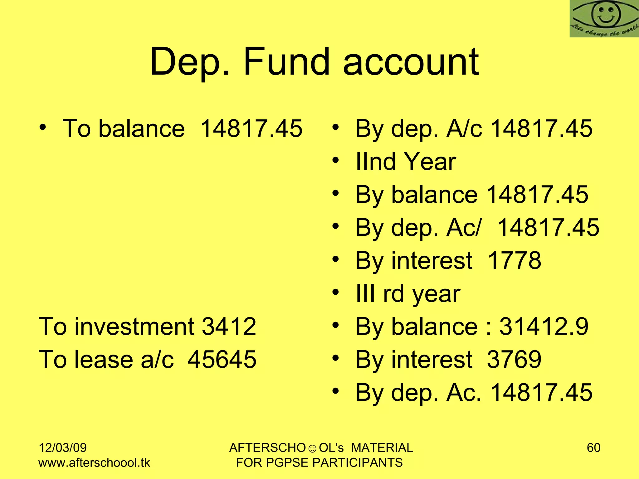 Dep. Fund account  To balance  14817.45 To investment 3412 To lease a/c  45645 By dep. A/c 14817.45 IInd Year  By balance 14817.45 By dep. Ac/  14817.45 By interest  1778 III rd year  By balance : 31412.9 By interest  3769  By dep. Ac. 14817.45 