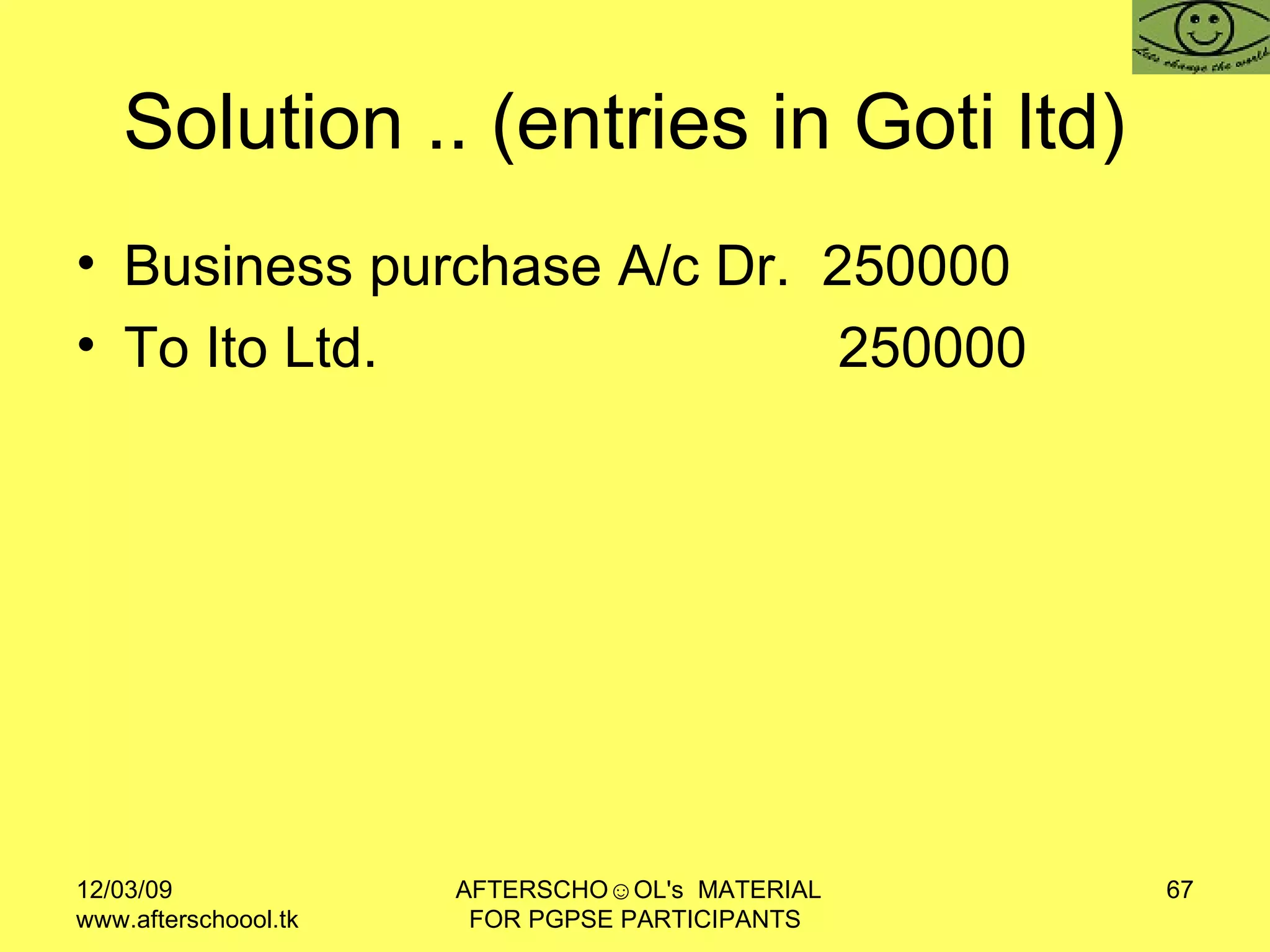 Solution .. (entries in Goti ltd)  Business purchase A/c Dr.  250000 To Ito Ltd.  250000 