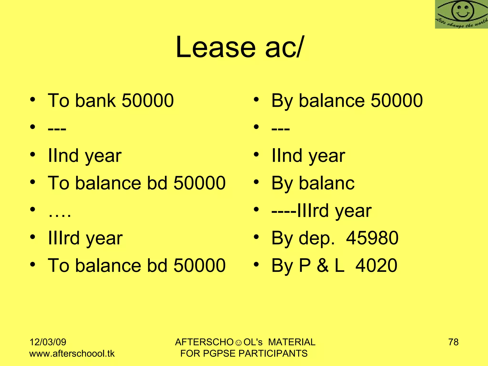 Lease ac/  To bank 50000  --- IInd year To balance bd 50000 … .  IIIrd year  To balance bd 50000 By balance 50000 --- IInd year  By balanc ----IIIrd year By dep.  45980 By P & L  4020 