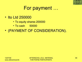 For payment … Ito Ltd 250000 To equity shares 200000 To cash  50000 (PAYMENT OF CONSIDERATION).  