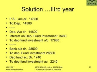 Solution …IIIrd year  P & L a/c dr.  14500 To Dep.  14500 ----- Dep. A/c dr.  14500 Interest on Dep. Fund Investment  3480 To dep fund investment a/c  17980 ------ Bank a/c dr.  28500 To dep. Fund investment 28500 Dep fund ac. Dr. 1740  To dep fund investment ac.  2240  