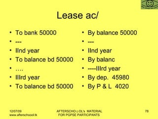 Lease ac/  To bank 50000  --- IInd year To balance bd 50000 … .  IIIrd year  To balance bd 50000 By balance 50000 --- IInd year  By balanc ----IIIrd year By dep.  45980 By P & L  4020 