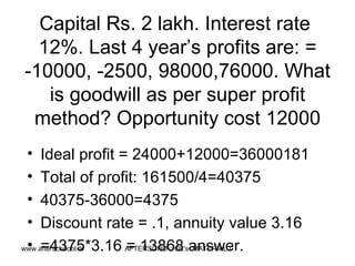 Capital Rs. 2 lakh. Interest rate  12%. Last 4 year’s profits are: = -10000, -2500, 98000,76000. What is goodwill as per super profit method? Opportunity cost 12000 Ideal profit = 24000+12000=36000181 Total of profit: 161500/4=40375 40375-36000=4375 Discount rate = .1, annuity value 3.16 =4375*3.16 = 13868 answer.  