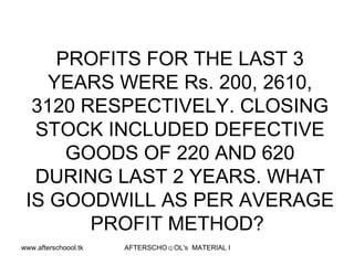 PROFITS FOR THE LAST 3 YEARS WERE Rs. 200, 2610, 3120 RESPECTIVELY. CLOSING STOCK INCLUDED DEFECTIVE GOODS OF 220 AND 620 DURING LAST 2 YEARS. WHAT IS GOODWILL AS PER AVERAGE PROFIT METHOD?  