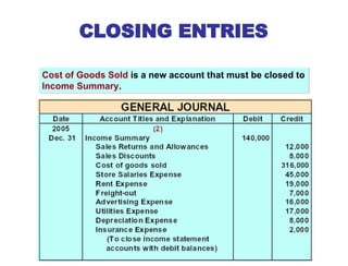 CLOSING ENTRIES
Cost of Goods Sold is a new account that must be closed to
Income Summary.
 