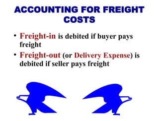 • Freight-in is debited if buyer pays
freight
• Freight-out (or Delivery Expense) is
debited if seller pays freight
ACCOUNTING FOR FREIGHT
COSTS
 