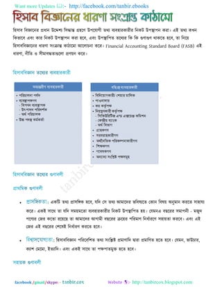 Want more Updates  http://facebook.com/tanbir.ebooks
facebook /gmail/skype: - http://tanbircox.blogspot.com
র঴঳াফ রফজ্ঞারনয প্রধান উরে঱য র঳দ্ধান্ত গ্র঴রণ্ উ঩রমাগী েথয ফযফ঴াযকাযীয রনকি উ঩স্থা঩ন কযা। এই েথয কখন
রকবারফ এফং কায রনকি উ঩স্থা঩ন কযা ঴রফ, এফং উ঩স্থার঩ে েরথযয রক রক গুণ্াগুণ্ থাকরে ঴রফ, ো রনর়ে
র঴঳াফরফজ্ঞারনয ধাযণ্া ঳ংোন্ত কািারভা আররাচনা করয। Financial Accounting Standard Board (FASB) এই
ধাযণ্া, নীরে ঑ ঳ীভাফদ্ধোগুররা প্রণ়্েন করয।
 একরি েথয প্রা঳রেক ঴রফ, মরে ত঳ েথয আভারেয বরফলযরে তকান রফল়ে অনুভান কযরে ঳া঴াময
করয। একই ঳ারথ ো মরে ঳ভ়েভরো ফযফ঴াযকাযীয রনকি উ঩স্থার঩ে ঴়ে। তমভন -এ ফছরযয ঳ভা঩নী ভজুে
঩রণ্যয তজয করো যর়েরছ ো আভারেয আগাভী ফছরযয ের়েয ঩রযভাণ্ রনধিাযরণ্ ঳঴া়েো কযরফ। এফং এই
তজয এই ফছরযয ত঱রলই রনধিাযণ্ কযরে ঴রফ।
 : র঴঳াফরফজ্ঞান ঩রযরফর঱ে েথয ঳ংরেষ্ট প্রভাণ্ারে ৈাযা প্রভারণ্ে ঴রে ঴রফ। তমভন, বাউচায,
কযা঱ তভরভা, ইেযারে। এফং একই ঳ারথ ো ঩ি঩ােভুক্ত ঴রে ঴রফ।
 