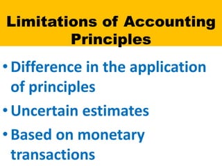 Limitations of Accounting
Principles
•Difference in the application
of principles
•Uncertain estimates
•Based on monetary
transactions
 