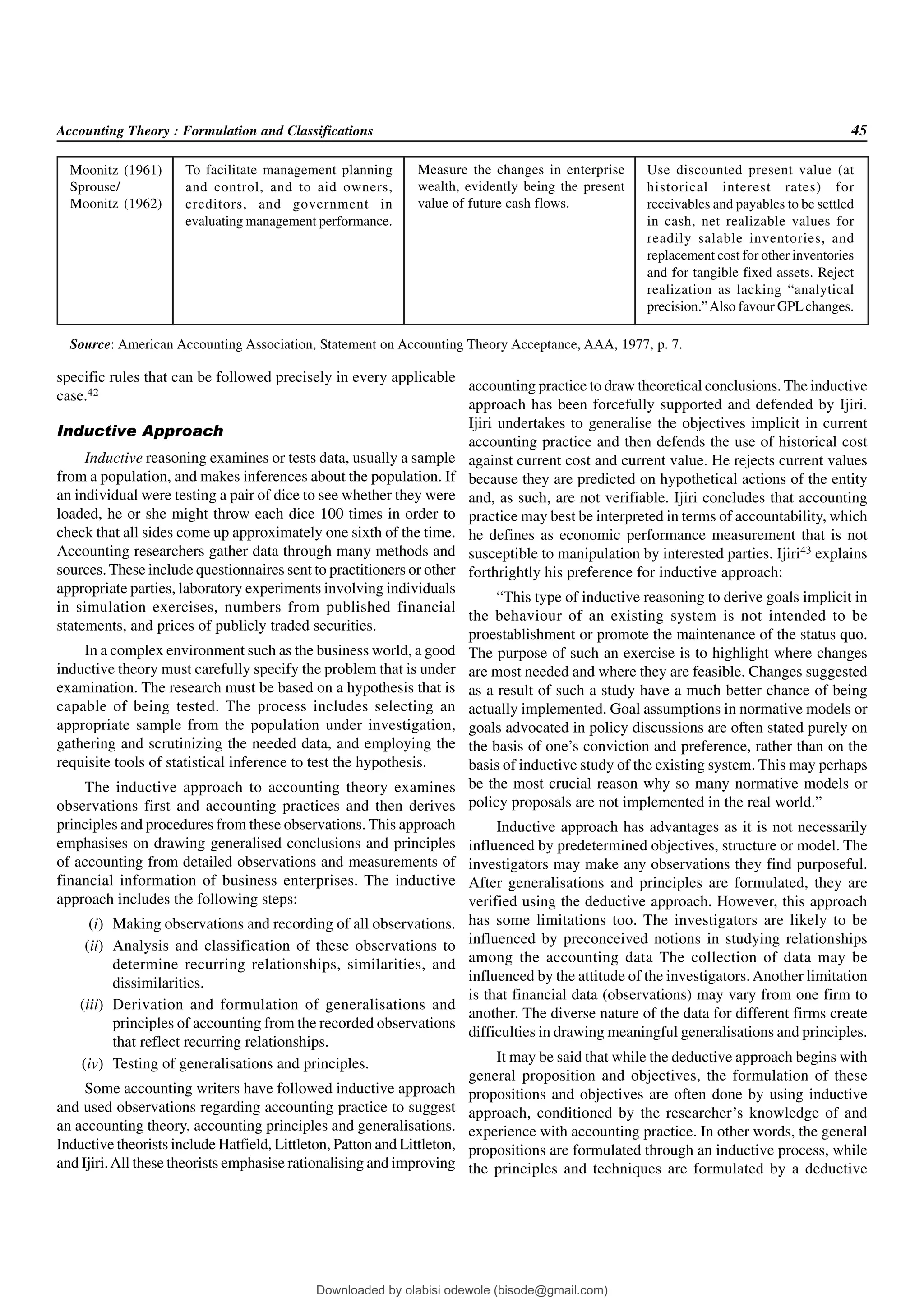 Accounting Theory : Formulation and Classifications 45
To facilitate management planning
and control, and to aid owners,
creditors, and government in
evaluating management performance.
Measure the changes in enterprise
wealth, evidently being the present
value of future cash flows.
Use discounted present value (at
historical interest rates) for
receivables and payables to be settled
in cash, net realizable values for
readily salable inventories, and
replacement cost for other inventories
and for tangible fixed assets. Reject
realization as lacking “analytical
precision.”Also favour GPLchanges.
Moonitz (1961)
Sprouse/
Moonitz (1962)
Source: American Accounting Association, Statement on Accounting Theory Acceptance, AAA, 1977, p. 7.
specific rules that can be followed precisely in every applicable
case.42
Inductive Approach
Inductive reasoning examines or tests data, usually a sample
from a population, and makes inferences about the population. If
an individual were testing a pair of dice to see whether they were
loaded, he or she might throw each dice 100 times in order to
check that all sides come up approximately one sixth of the time.
Accounting researchers gather data through many methods and
sources. These include questionnaires sent to practitioners or other
appropriate parties, laboratory experiments involving individuals
in simulation exercises, numbers from published financial
statements, and prices of publicly traded securities.
In a complex environment such as the business world, a good
inductive theory must carefully specify the problem that is under
examination. The research must be based on a hypothesis that is
capable of being tested. The process includes selecting an
appropriate sample from the population under investigation,
gathering and scrutinizing the needed data, and employing the
requisite tools of statistical inference to test the hypothesis.
The inductive approach to accounting theory examines
observations first and accounting practices and then derives
principles and procedures from these observations. This approach
emphasises on drawing generalised conclusions and principles
of accounting from detailed observations and measurements of
financial information of business enterprises. The inductive
approach includes the following steps:
(i) Making observations and recording of all observations.
(ii) Analysis and classification of these observations to
determine recurring relationships, similarities, and
dissimilarities.
(iii) Derivation and formulation of generalisations and
principles of accounting from the recorded observations
that reflect recurring relationships.
(iv) Testing of generalisations and principles.
Some accounting writers have followed inductive approach
and used observations regarding accounting practice to suggest
an accounting theory, accounting principles and generalisations.
Inductive theorists include Hatfield, Littleton, Patton and Littleton,
and Ijiri.All these theorists emphasise rationalising and improving
accounting practice to draw theoretical conclusions. The inductive
approach has been forcefully supported and defended by Ijiri.
Ijiri undertakes to generalise the objectives implicit in current
accounting practice and then defends the use of historical cost
against current cost and current value. He rejects current values
because they are predicted on hypothetical actions of the entity
and, as such, are not verifiable. Ijiri concludes that accounting
practice may best be interpreted in terms of accountability, which
he defines as economic performance measurement that is not
susceptible to manipulation by interested parties. Ijiri43 explains
forthrightly his preference for inductive approach:
“This type of inductive reasoning to derive goals implicit in
the behaviour of an existing system is not intended to be
proestablishment or promote the maintenance of the status quo.
The purpose of such an exercise is to highlight where changes
are most needed and where they are feasible. Changes suggested
as a result of such a study have a much better chance of being
actually implemented. Goal assumptions in normative models or
goals advocated in policy discussions are often stated purely on
the basis of one’s conviction and preference, rather than on the
basis of inductive study of the existing system. This may perhaps
be the most crucial reason why so many normative models or
policy proposals are not implemented in the real world.”
Inductive approach has advantages as it is not necessarily
influenced by predetermined objectives, structure or model. The
investigators may make any observations they find purposeful.
After generalisations and principles are formulated, they are
verified using the deductive approach. However, this approach
has some limitations too. The investigators are likely to be
influenced by preconceived notions in studying relationships
among the accounting data The collection of data may be
influenced by the attitude of the investigators.Another limitation
is that financial data (observations) may vary from one firm to
another. The diverse nature of the data for different firms create
difficulties in drawing meaningful generalisations and principles.
It may be said that while the deductive approach begins with
general proposition and objectives, the formulation of these
propositions and objectives are often done by using inductive
approach, conditioned by the researcher’s knowledge of and
experience with accounting practice. In other words, the general
propositions are formulated through an inductive process, while
the principles and techniques are formulated by a deductive
Downloaded by olabisi odewole (bisode@gmail.com)
lOMoARcPSD|51433299
 