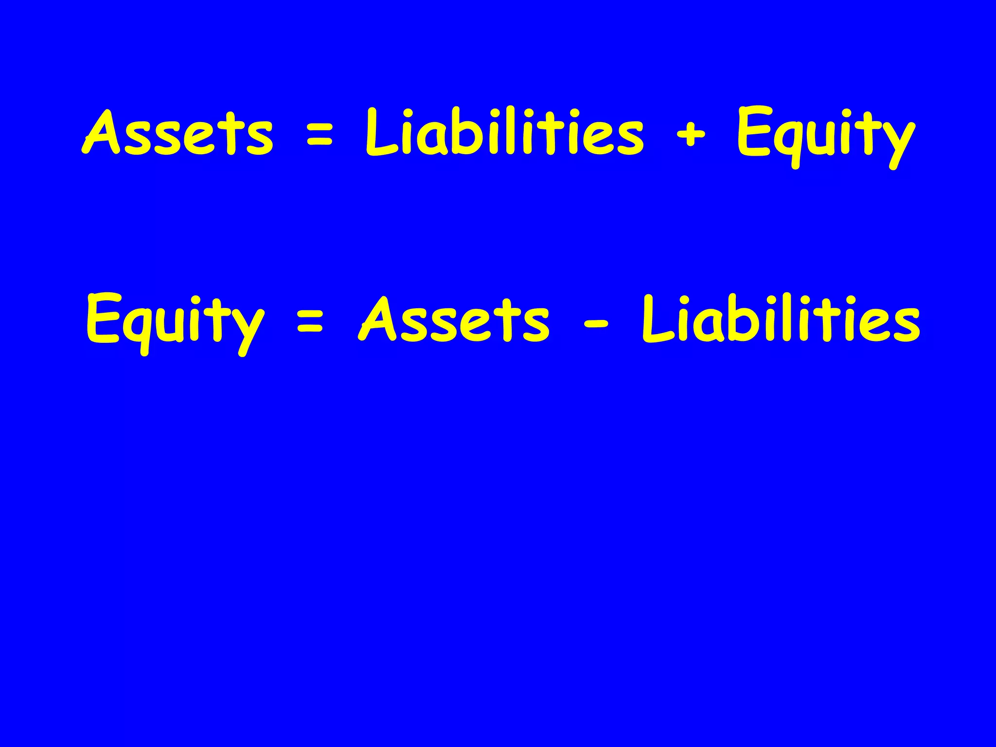Assets = Liabilities + Equity
Equity = Assets - Liabilities

 