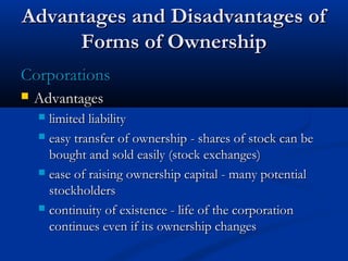 AAddvvaannttaaggeess aanndd DDiissaaddvvaannttaaggeess ooff 
FFoorrmmss ooff OOwwnneerrsshhiipp 
CCoorrppoorraattiioonnss 
 AAddvvaannttaaggeess 
 lliimmiitteedd lliiaabbiilliittyy 
 eeaassyy ttrraannssffeerr ooff oowwnneerrsshhiipp -- sshhaarreess ooff ssttoocckk ccaann bbee 
bboouugghhtt aanndd ssoolldd eeaassiillyy ((ssttoocckk eexxcchhaannggeess)) 
 eeaassee ooff rraaiissiinngg oowwnneerrsshhiipp ccaappiittaall -- mmaannyy ppootteennttiiaall 
ssttoocckkhhoollddeerrss 
 ccoonnttiinnuuiittyy ooff eexxiisstteennccee -- lliiffee ooff tthhee ccoorrppoorraattiioonn 
ccoonnttiinnuueess eevveenn iiff iittss oowwnneerrsshhiipp cchhaannggeess 
 