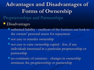 AAddvvaannttaaggeess aanndd DDiissaaddvvaannttaaggeess ooff 
FFoorrmmss ooff OOwwnneerrsshhiipp 
PPrroopprriieettoorrsshhiippss aanndd PPaarrttnneerrsshhiippss 
 DDiissaaddvvaannttaaggeess 
 uunnlliimmiitteedd lliiaabbiilliittyy -- ccrreeddiittoorrss ooff tthhee bbuussiinneessss ccaann llooookk ttoo 
tthhee oowwnneerrss’’ ppeerrssoonnaall aasssseettss ffoorr rreeppaayymmeenntt 
 nnoott eeaassyy ttoo ttrraannssffeerr oowwnneerrsshhiipp 
 nnoott eeaassyy ttoo rraaiissee oowwnneerrsshhiipp ccaappiittaall -- ffeeww,, iiff aannyy 
iinnddiivviidduuaallss iinntteerreesstteedd iinn aa ppaarrttiiccuullaarr pprroopprriieettoorrsshhiipp oorr 
ppaarrttnneerrsshhiipp 
 nnoo ccoonnttiinnuuiittyy ooff eexxiisstteennccee -- cchhaannggeess iinn oowwnneerrsshhiipp 
tteerrmmiinnaattee tthhee pprroopprriieettoorrsshhiipp oorr ppaarrttnneerrsshhiipp 

