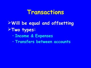 Transactions
Will be equal and offsetting
Two types:
• Income & Expenses
• Transfers between accounts
 