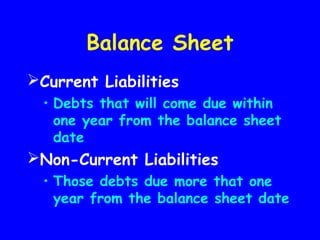Balance Sheet
Current Liabilities
• Debts that will come due within
one year from the balance sheet
date
Non-Current Liabilities
• Those debts due more that one
year from the balance sheet date
 