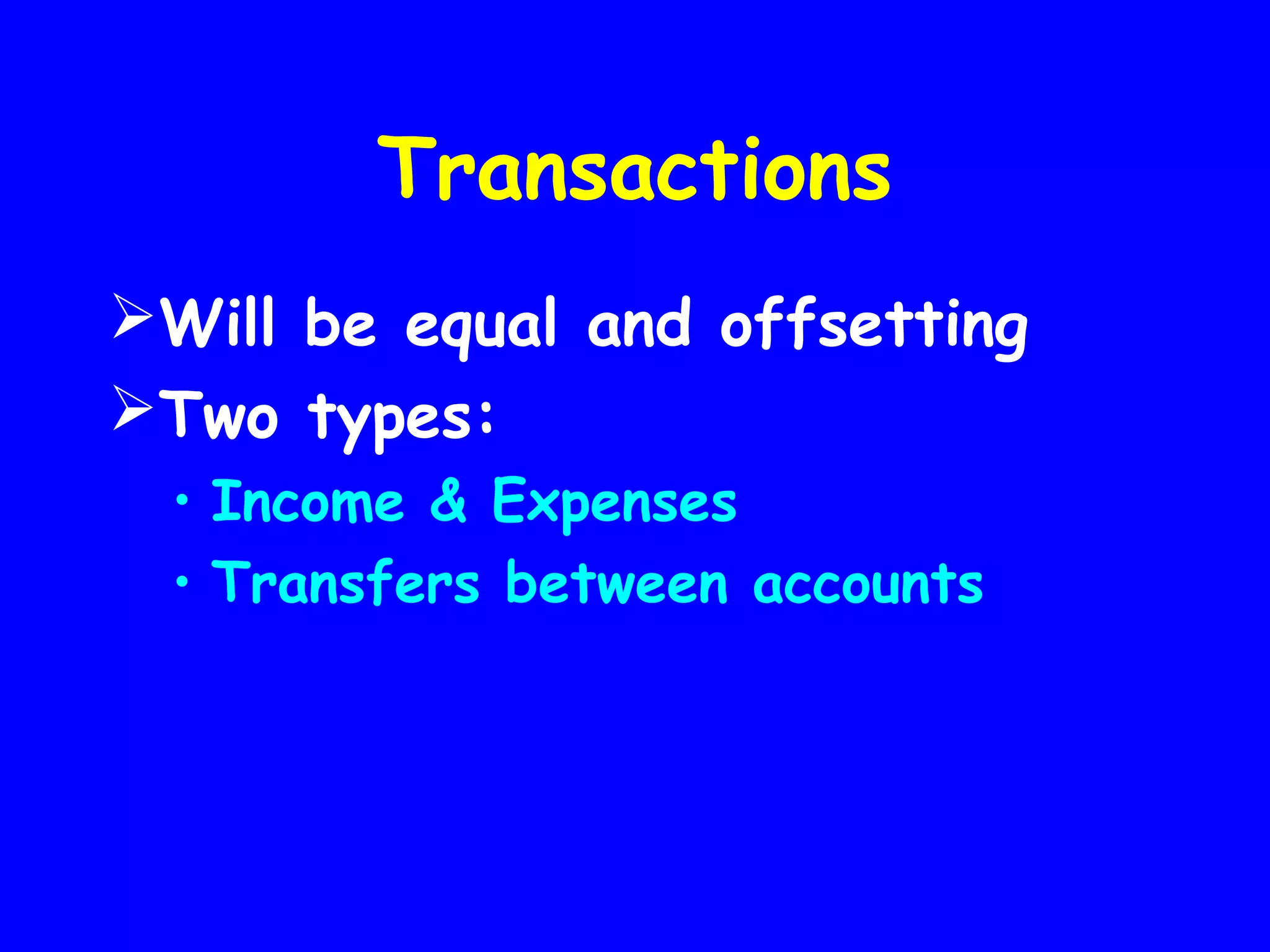 Transactions
Will be equal and offsetting
Two types:
• Income & Expenses
• Transfers between accounts

 