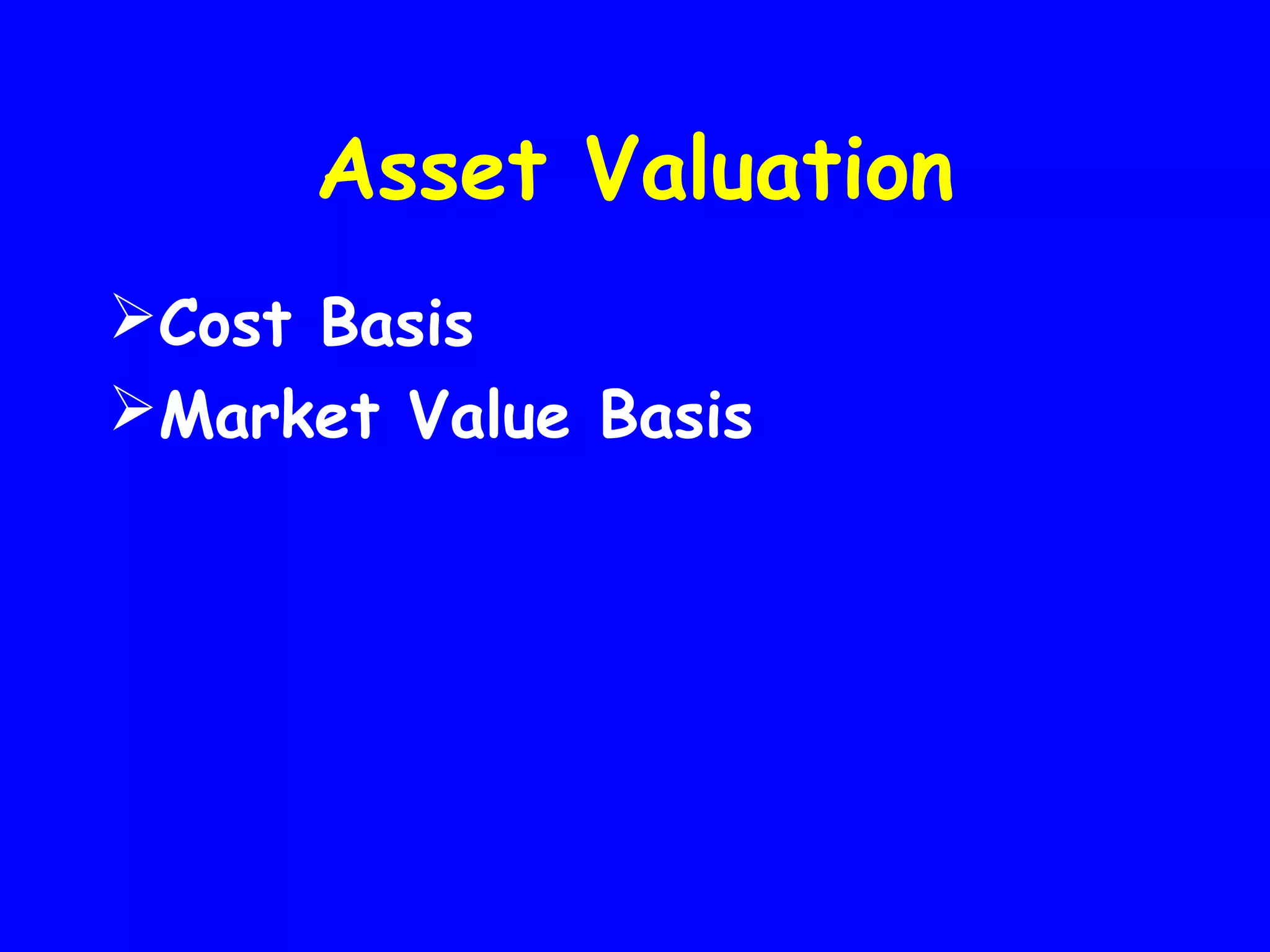 Asset Valuation
Cost Basis
Market Value Basis

 