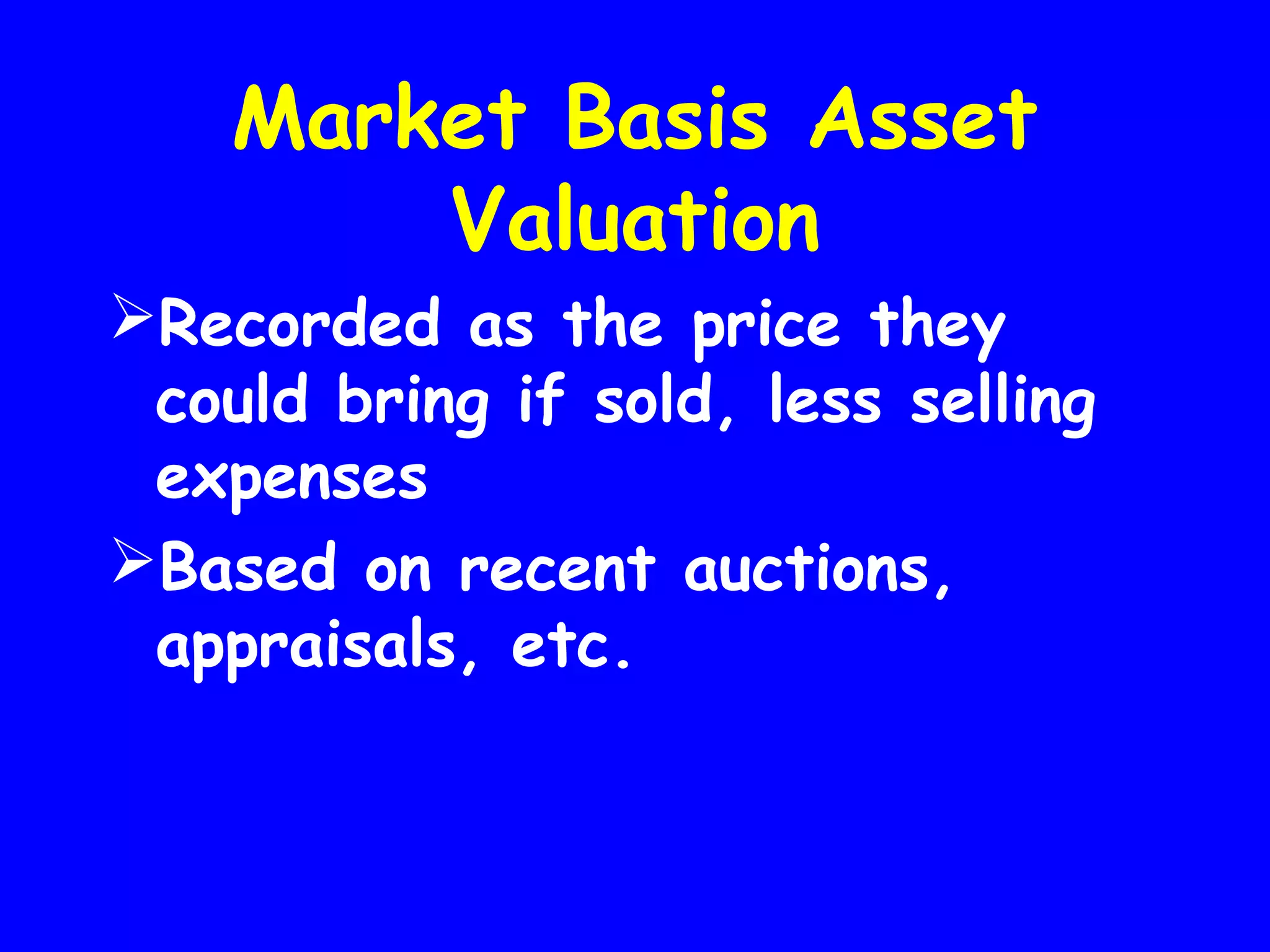Market Basis Asset
Valuation
Recorded as the price they
could bring if sold, less selling
expenses
Based on recent auctions,
appraisals, etc.

 