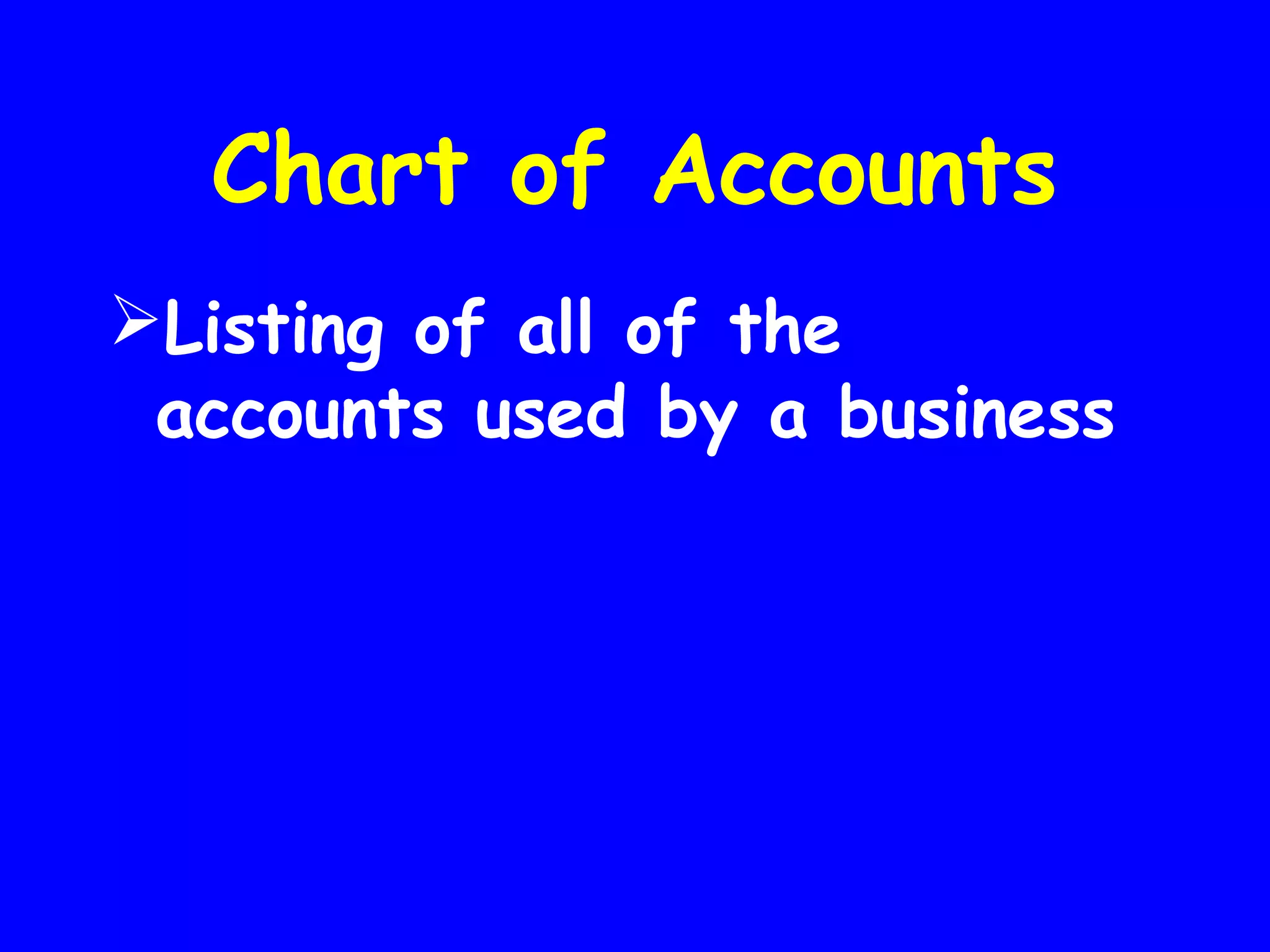 Chart of Accounts
Listing of all of the
accounts used by a business

 