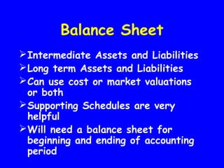 Balance Sheet
Intermediate Assets and Liabilities
Long term Assets and Liabilities
Can use cost or market valuations
or both
Supporting Schedules are very
helpful
Will need a balance sheet for
beginning and ending of accounting
period
 
