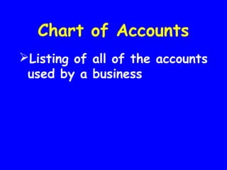 Chart of Accounts
Listing of all of the accounts
used by a business
 