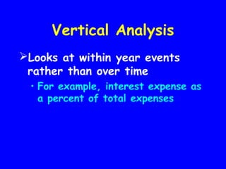 Vertical Analysis
Looks at within year events
rather than over time
• For example, interest expense as
a percent of total expenses
 
