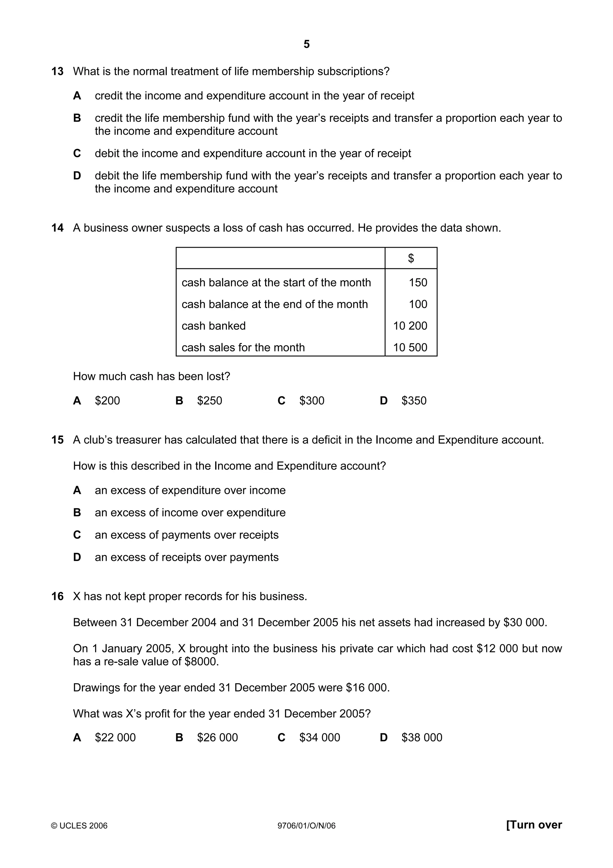 5
© UCLES 2006 9706/01/O/N/06 [Turn over
13 What is the normal treatment of life membership subscriptions?
A credit the income and expenditure account in the year of receipt
B credit the life membership fund with the year’s receipts and transfer a proportion each year to
the income and expenditure account
C debit the income and expenditure account in the year of receipt
D debit the life membership fund with the year’s receipts and transfer a proportion each year to
the income and expenditure account
14 A business owner suspects a loss of cash has occurred. He provides the data shown.
$
cash balance at the start of the month 150
cash balance at the end of the month 100
cash banked 10 200
cash sales for the month 10 500
How much cash has been lost?
A $200 B $250 C $300 D $350
15 A club’s treasurer has calculated that there is a deficit in the Income and Expenditure account.
How is this described in the Income and Expenditure account?
A an excess of expenditure over income
B an excess of income over expenditure
C an excess of payments over receipts
D an excess of receipts over payments
16 X has not kept proper records for his business.
Between 31 December 2004 and 31 December 2005 his net assets had increased by $30 000.
On 1 January 2005, X brought into the business his private car which had cost $12 000 but now
has a re-sale value of $8000.
Drawings for the year ended 31 December 2005 were $16 000.
What was X’s profit for the year ended 31 December 2005?
A $22 000 B $26 000 C $34 000 D $38 000
 