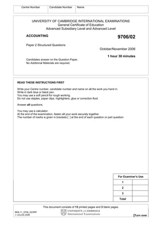 Centre Number Candidate Number Name
UNIVERSITY OF CAMBRIDGE INTERNATIONAL EXAMINATIONS
General Certificate of Education
Advanced Subsidiary Level and Advanced Level
ACCOUNTING 9706/02
Paper 2 Structured Questions
October/November 2006
1 hour 30 minutes
Candidates answer on the Question Paper.
No Additional Materials are required.
READ THESE INSTRUCTIONS FIRST
Write your Centre number, candidate number and name on all the work you hand in.
Write in dark blue or black pen.
You may use a soft pencil for rough working.
Do not use staples, paper clips, highlighters, glue or correction fluid.
Answer all questions.
You may use a calculator.
At the end of the examination, fasten all your work securely together.
The number of marks is given in brackets [ ] at the end of each question or part question.
For Examiner’s Use
1
2
3
Total
This document consists of 13 printed pages and 3 blank pages.
IB06 11_9706_02/5RP
 UCLES 2006 [Turn over
 