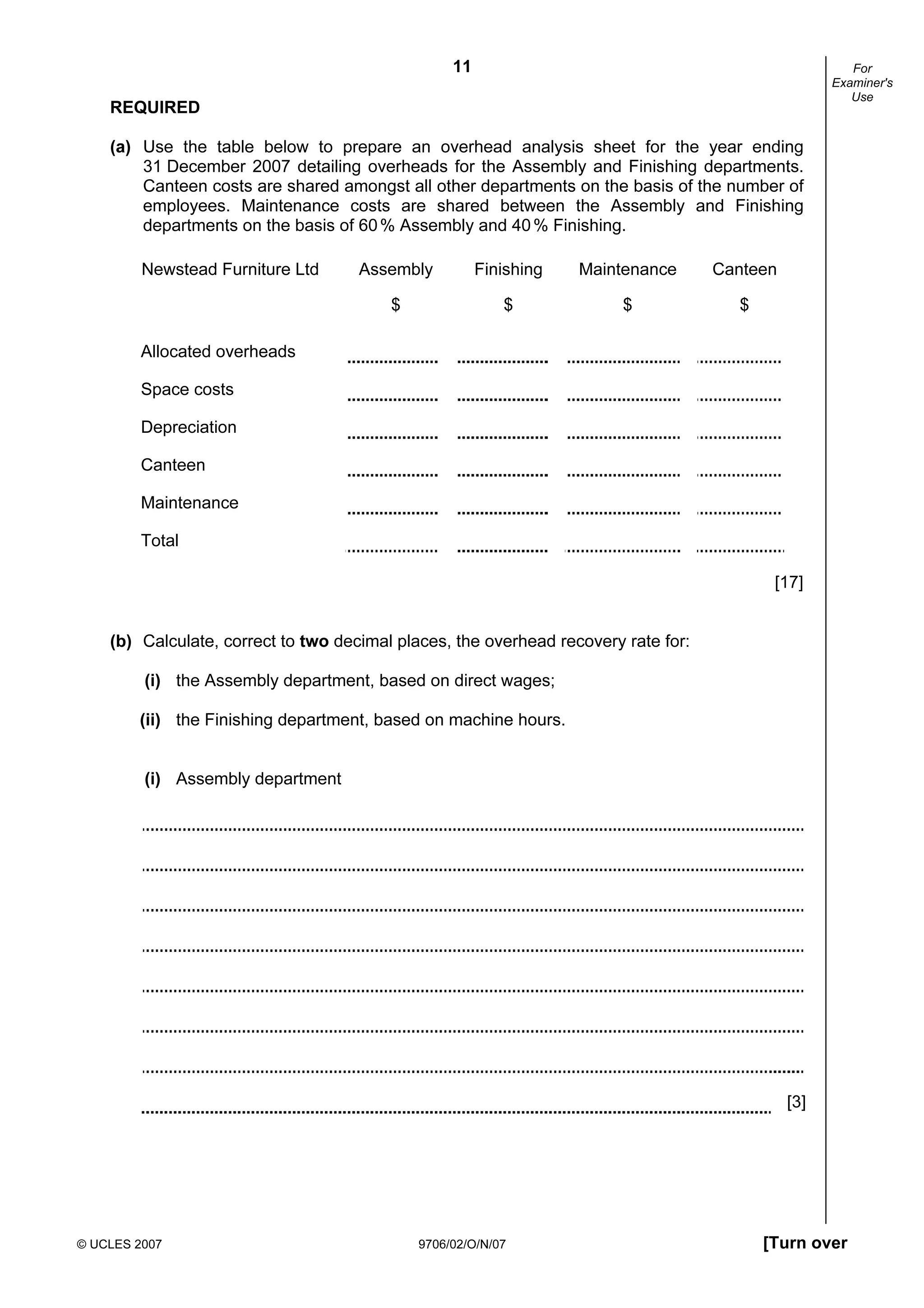 11
© UCLES 2007 9706/02/O/N/07 [Turn over
For
Examiner's
Use
REQUIRED
(a) Use the table below to prepare an overhead analysis sheet for the year ending
31 December 2007 detailing overheads for the Assembly and Finishing departments.
Canteen costs are shared amongst all other departments on the basis of the number of
employees. Maintenance costs are shared between the Assembly and Finishing
departments on the basis of 60% Assembly and 40% Finishing.
Newstead Furniture Ltd Assembly Finishing Maintenance Canteen
$ $ $ $
Allocated overheads
Space costs
Depreciation
Canteen
Maintenance
Total
[17]
(b) Calculate, correct to two decimal places, the overhead recovery rate for:
(i) the Assembly department, based on direct wages;
(ii) the Finishing department, based on machine hours.
(i) Assembly department
[3]
 