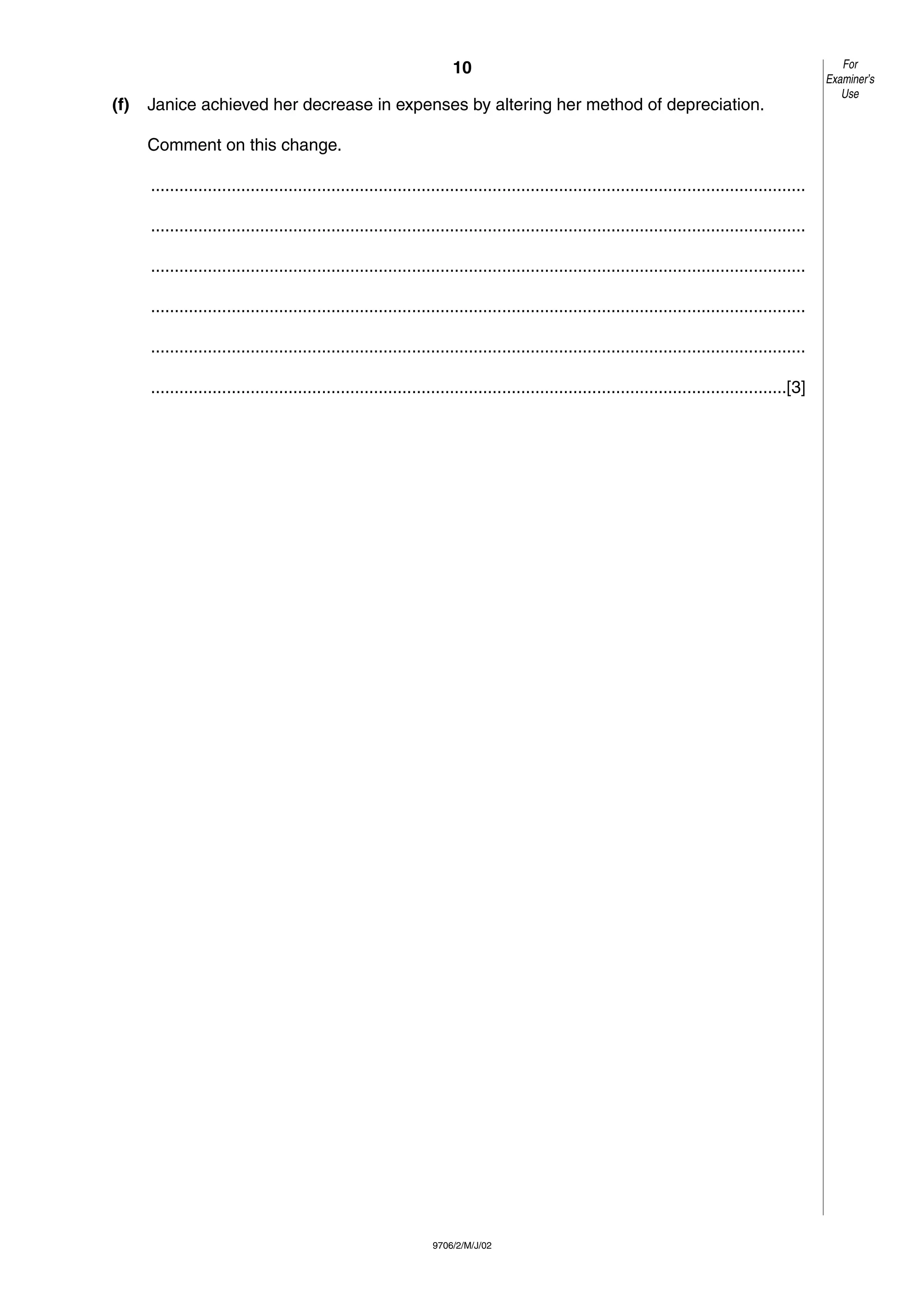 10
9706/2/M/J/02
(f) Janice achieved her decrease in expenses by altering her method of depreciation.
Comment on this change.
..........................................................................................................................................
..........................................................................................................................................
..........................................................................................................................................
..........................................................................................................................................
..........................................................................................................................................
......................................................................................................................................[3]
For
Examiner’s
Use
 