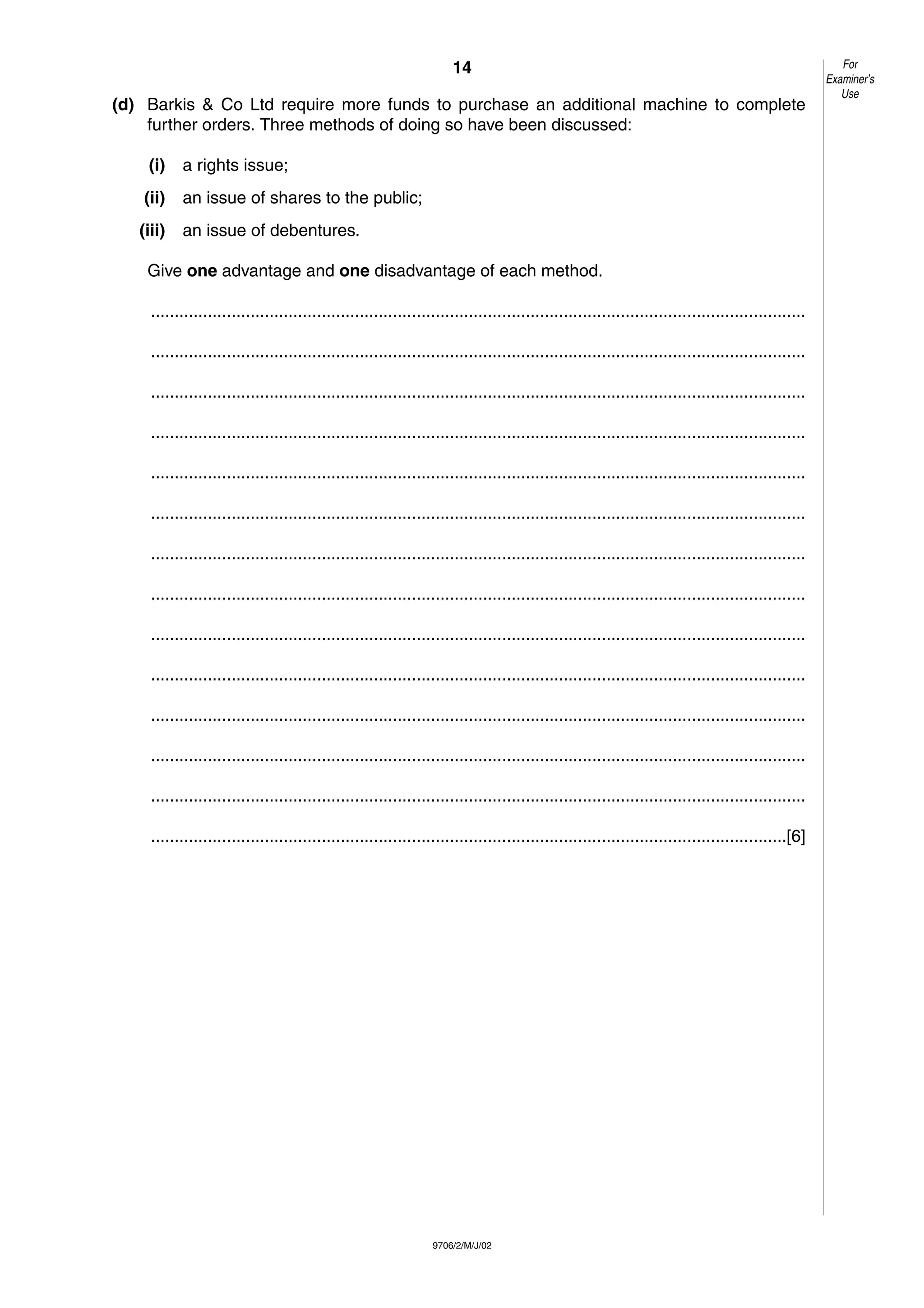 14
9706/2/M/J/02
(d) Barkis & Co Ltd require more funds to purchase an additional machine to complete
further orders. Three methods of doing so have been discussed:
(i) a rights issue;
(ii) an issue of shares to the public;
(iii) an issue of debentures.
Give one advantage and one disadvantage of each method.
..........................................................................................................................................
..........................................................................................................................................
..........................................................................................................................................
..........................................................................................................................................
..........................................................................................................................................
..........................................................................................................................................
..........................................................................................................................................
..........................................................................................................................................
..........................................................................................................................................
..........................................................................................................................................
..........................................................................................................................................
..........................................................................................................................................
..........................................................................................................................................
......................................................................................................................................[6]
For
Examiner’s
Use
 