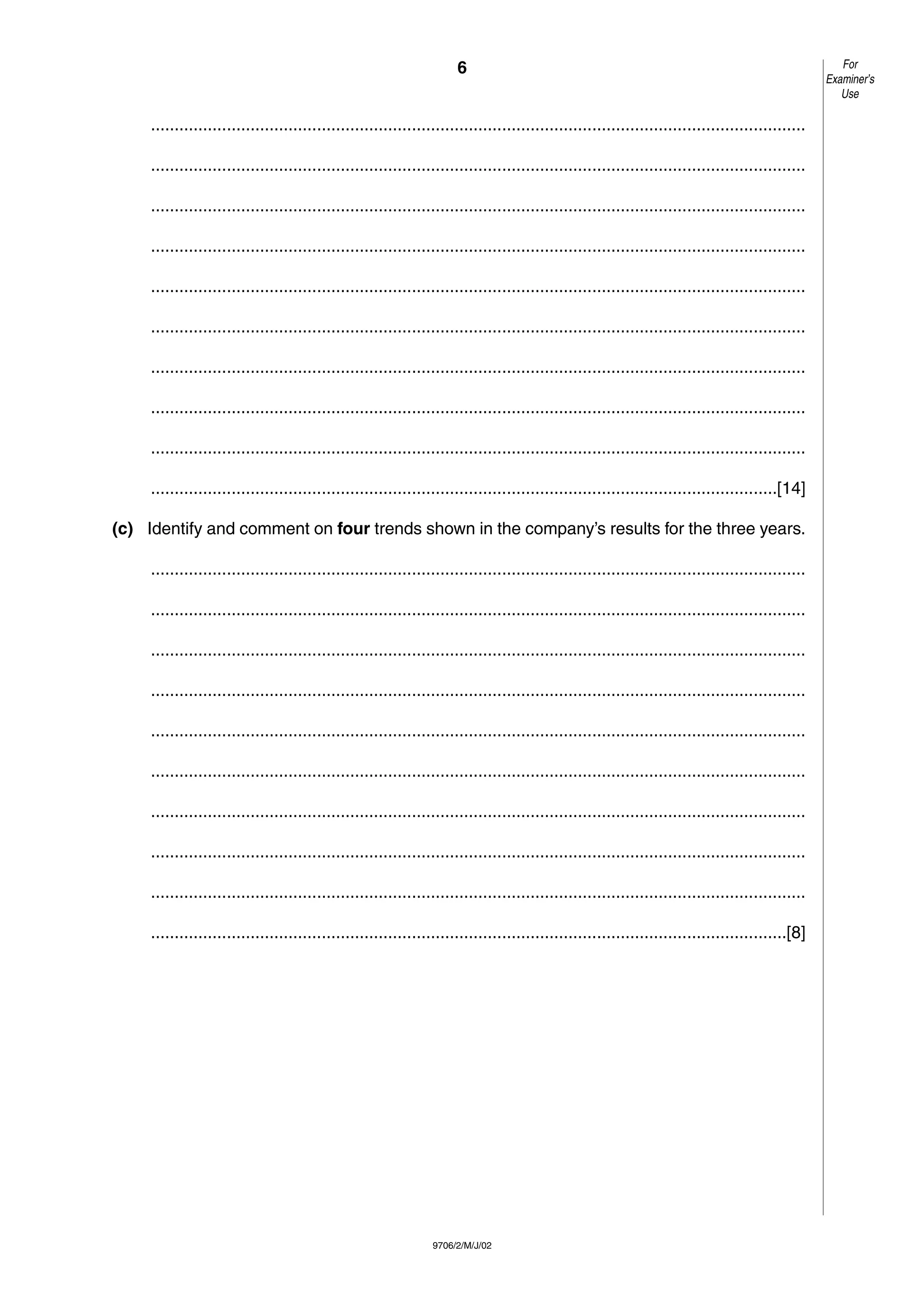 6
9706/2/M/J/02
..........................................................................................................................................
..........................................................................................................................................
..........................................................................................................................................
..........................................................................................................................................
..........................................................................................................................................
..........................................................................................................................................
..........................................................................................................................................
..........................................................................................................................................
..........................................................................................................................................
....................................................................................................................................[14]
(c) Identify and comment on four trends shown in the company’s results for the three years.
..........................................................................................................................................
..........................................................................................................................................
..........................................................................................................................................
..........................................................................................................................................
..........................................................................................................................................
..........................................................................................................................................
..........................................................................................................................................
..........................................................................................................................................
..........................................................................................................................................
......................................................................................................................................[8]
For
Examiner’s
Use
 