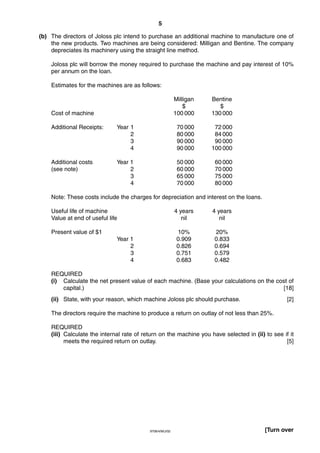 5
9706/4/M/J/02 [Turn over
(b) The directors of Joloss plc intend to purchase an additional machine to manufacture one of
the new products. Two machines are being considered: Milligan and Bentine. The company
depreciates its machinery using the straight line method.
Joloss plc will borrow the money required to purchase the machine and pay interest of 10%
per annum on the loan.
Estimates for the machines are as follows:
Milligan Bentine
$ $
Cost of machine 100 000 130 000
Additional Receipts: Year 1 70 000 72 000
2 80 000 84 000
3 90 000 90 000
4 90 000 100 000
Additional costs Year 1 50 000 60 000
(see note) 2 60 000 70 000
3 65 000 75 000
4 70 000 80 000
Note: These costs include the charges for depreciation and interest on the loans.
Useful life of machine 4 years 4 years
Value at end of useful life nil nil
Present value of $1 10% 20%
Year 1 0.909 0.833
2 0.826 0.694
3 0.751 0.579
4 0.683 0.482
REQUIRED
(i) Calculate the net present value of each machine. (Base your calculations on the cost of
capital.) [18]
(ii) State, with your reason, which machine Joloss plc should purchase. [2]
The directors require the machine to produce a return on outlay of not less than 25%.
REQUIRED
(iii) Calculate the internal rate of return on the machine you have selected in (ii) to see if it
meets the required return on outlay. [5]
 