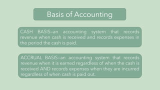Basis of Accounting
CASH BASIS—an accounting system that records
revenue when cash is received and records expenses in
the period the cash is paid.
ACCRUAL BASIS—an accounting system that records
revenue when it is earned regardless of when the cash is
received AND records expenses when they are incurred
regardless of when cash is paid out.
 